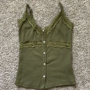 Lizette Collection Retro Y2k Lace Trim Henley Ribbed Tank Top Elenacore Cami M